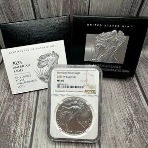 2023-W BURNISHED American Eagle One Ounce 99.9% Silver NGC MS69 OGP & COA
